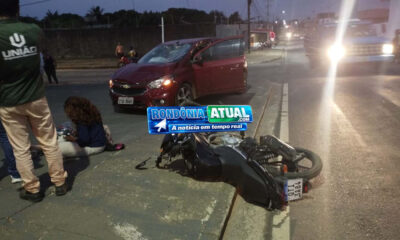 JI-PARANÁ-MOTOCICLISTA É ARREMESSADA CONTRA PARA-BRISA DE ONIX EM BATIDA VIOLENTA NA AVENIDA BRASIL