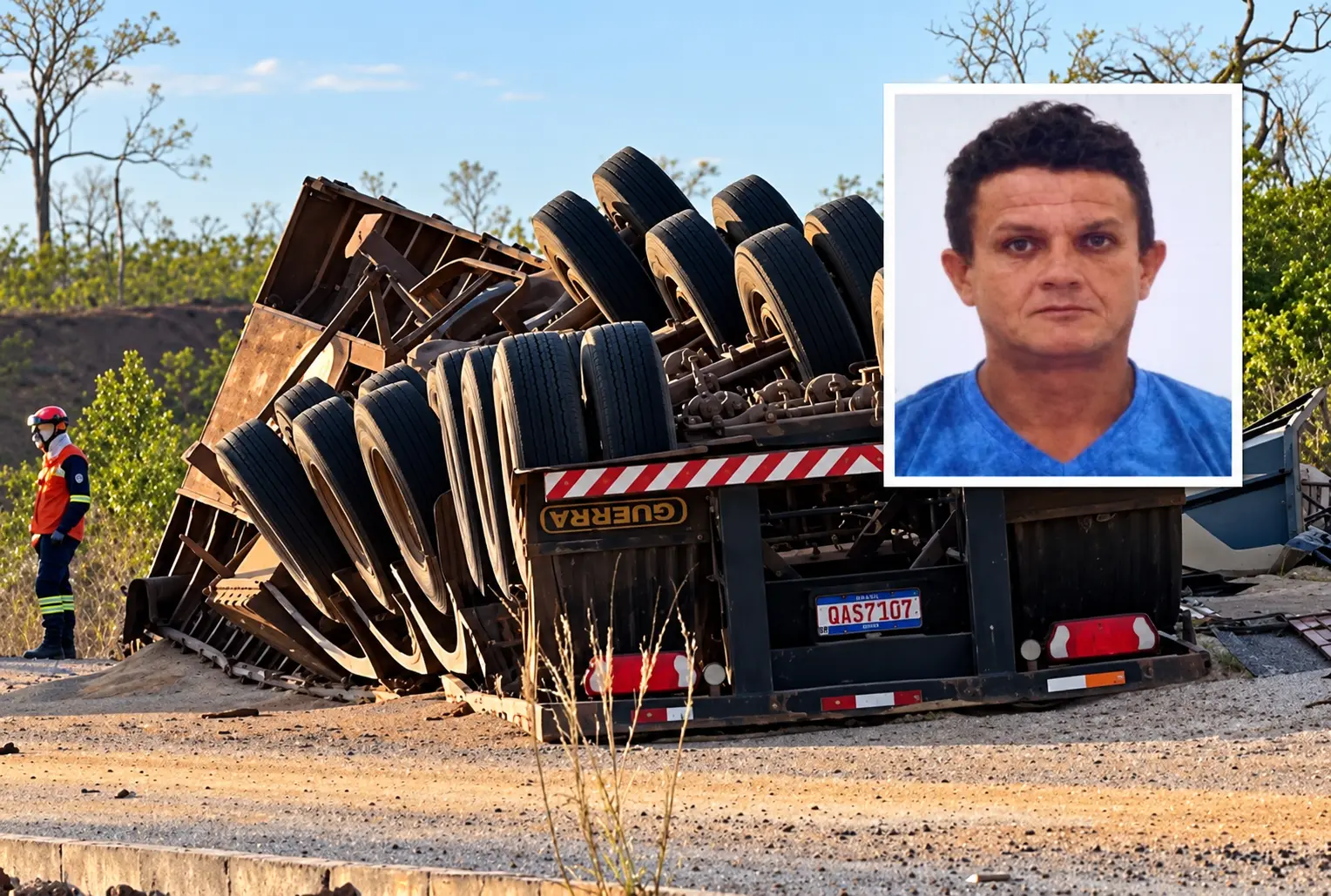 Caminhoneiro de 51 anos morre após caminhão capotar e ficar preso sob cabine